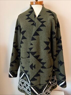 Frye Olive Green and Black Geometric Shawl Cardigan